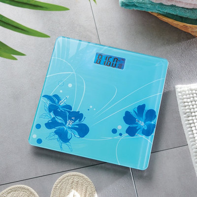 Digital Slimline Bathroom Scales - Stylish Flower Glass, Easy to Read LCD Display, Max 180kg, Kilos, Pounds or Stones, 28x28cm
