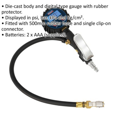 DIGITAL Tyre Inflator - Clip-On Connector - Heavy Duty 0.5m Hose - 250PSI MAX