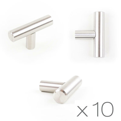 Dihl T-Bar 50mm Knob Brushed Steel Kitchen Cupboard Cabinet Drawer Door Handles (Pack of 10)