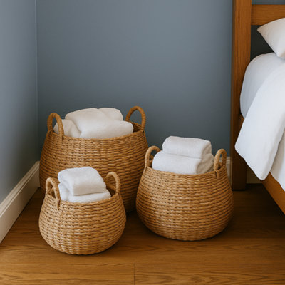 Dim Jhuri Storage Baskets Set of 3 Natural Woven Seagrass Round Home Organisers Logs Kids Toys Towels Toilet Rolls Bathroom