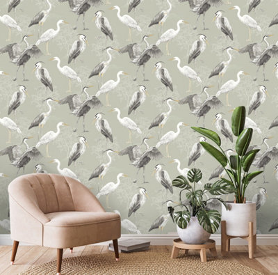 Dimension Heron Sage Green Wallpaper