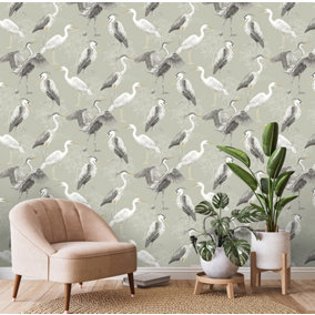 Dimension Heron Sage Green Wallpaper