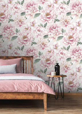 Dimension Large Floral Pink and White Wallpaper