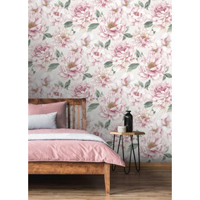 Dimension Large Floral Pink and White Wallpaper