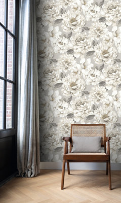 Dimension Large Floral Taupe Wallpaper