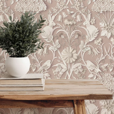 Dimensions Woodland Wallpaper Pink Fine Decor FD43607