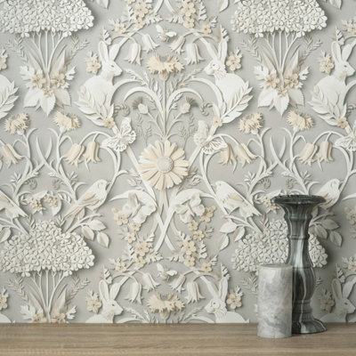 Dimensions Woodland Wallpaper Soft Grey Fine Decor FD42952