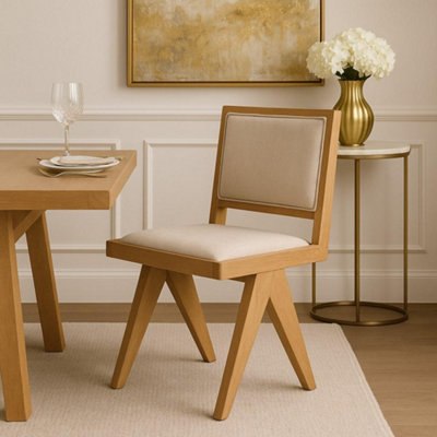 Dimo Dining Chair Natural Linen Fabric Ashy Brown Oak Solid Frame Mid ...