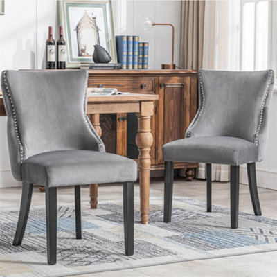 Dining Chair (2 pcs), Upholstered Chair with Nail Head Trim, Black Solid Wood Chair Legs, With Rotatable Adjustment Buttons, Grey