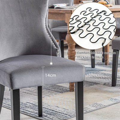 Dining Chair (2 pcs), Upholstered Chair with Nail Head Trim, Black Solid Wood Chair Legs, With Rotatable Adjustment Buttons, Grey