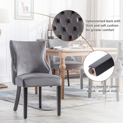 Dining Chair (2 pcs), Upholstered Chair with Nail Head Trim, Black Solid Wood Chair Legs, With Rotatable Adjustment Buttons, Grey