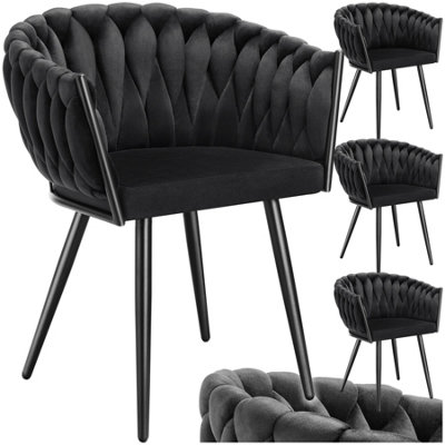 Dining Chair Astano - padded, velvet, knot design, continuous backrest  - black, Set of 4