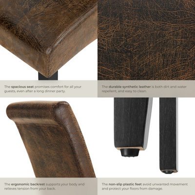 Dining Chair - ergonomic seat shape, high backrest, padded, faux leather  - antique brown, per piece