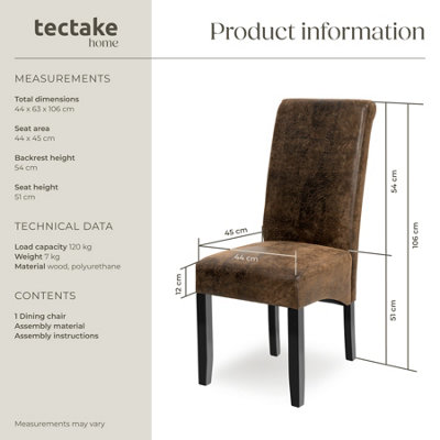 Dining Chair - ergonomic seat shape, high backrest, padded, faux leather  - antique brown, per piece