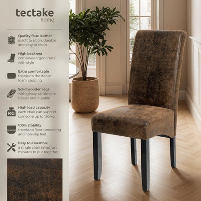 Dining Chair - ergonomic seat shape, high backrest, padded, faux leather  - antique brown, Set of 2