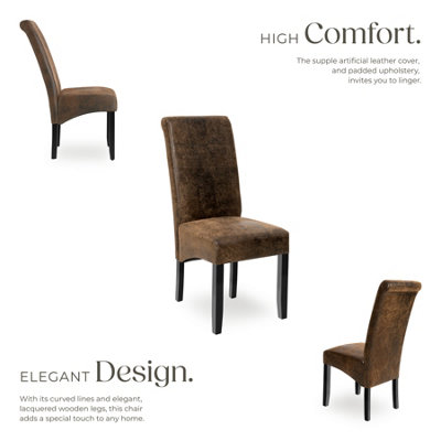 Dining Chair - ergonomic seat shape, high backrest, padded, faux leather  - antique brown, Set of 2
