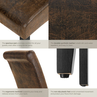 Dining Chair - ergonomic seat shape, high backrest, padded, faux leather  - antique brown, Set of 2
