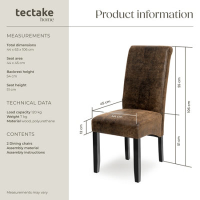 Dining Chair - ergonomic seat shape, high backrest, padded, faux leather  - antique brown, Set of 2