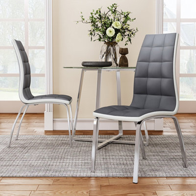 Dining Chair Set of 2 Grey PU Leather Contemporary Dining Chairs with Electroplated Metal Leg