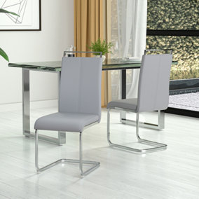 Dining Chair Set of 2 Grey PU Leather Upholstery Dining Chairs with Metal Leg