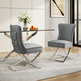 Dining Chair Set of 2 High Back Grey Velvet Dining Chairs