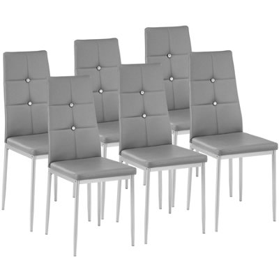 Dining Chairs Set of 6 - high backrest with rhinestones, padded, slim steel legs - grey