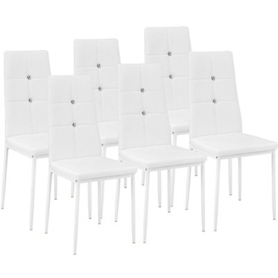 Dining Chairs Set of 6 - high backrest with rhinestones, padded, slim steel legs - white