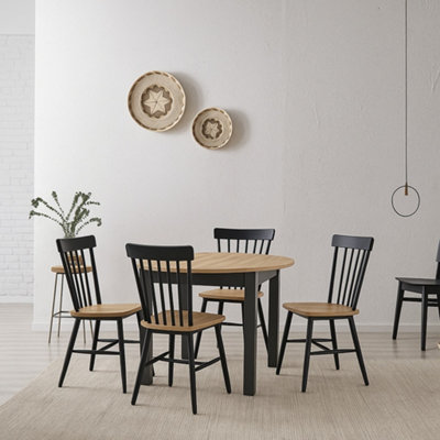 Dining Kitchen Table Small Round Extendable to Oval Oak and Black 4 to 12 Seater Extending  105cm to 150cm to 195cm to 240cm Indus