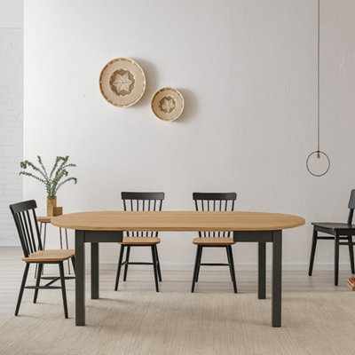 Dining Kitchen Table Small Round Extendable to Oval Oak and Black 4 to 12 Seater Extending  105cm to 150cm to 195cm to 240cm Indus