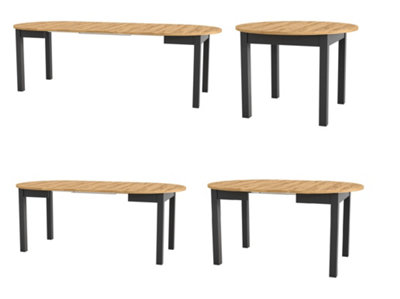 Dining Kitchen Table Small Round Extendable to Oval Oak and Black 4 to 12 Seater Extending  105cm to 150cm to 195cm to 240cm Indus