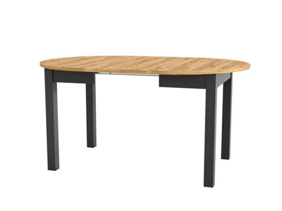 Dining Kitchen Table Small Round Extendable to Oval Oak and Black 4 to 12 Seater Extending  105cm to 150cm to 195cm to 240cm Indus
