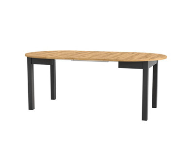 Dining Kitchen Table Small Round Extendable to Oval Oak and Black 4 to 12 Seater Extending  105cm to 150cm to 195cm to 240cm Indus