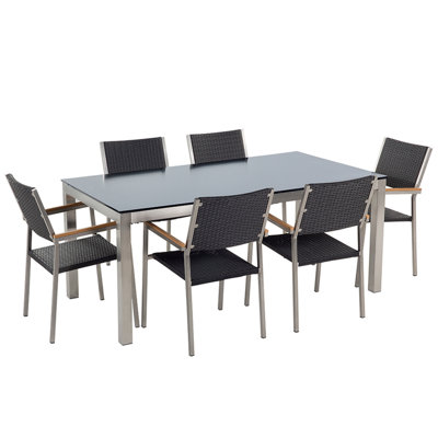 Dining Set 6 Seater Glass Black GROSSETO