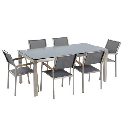 Dining Set 6 Seater Glass Grey GROSSETO