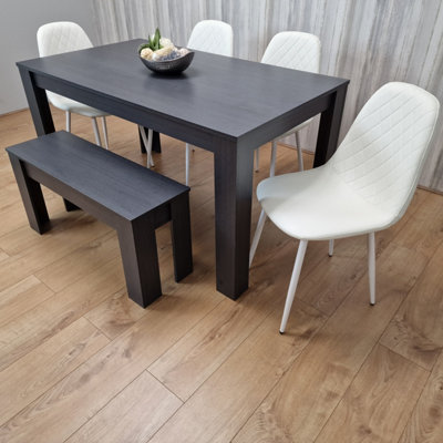 Dining Set Grey Dining Table and 4 Diamond Stitched White Chairs with 1 Bench