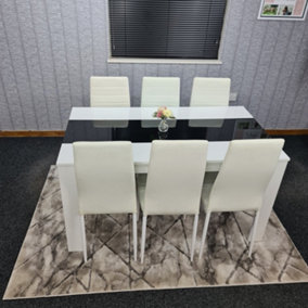 Dining set of 6 Kitchen Dining Table and 6 Chairs White and Black Wood Dining Table with 6 white metal Chairs Kosy Koala