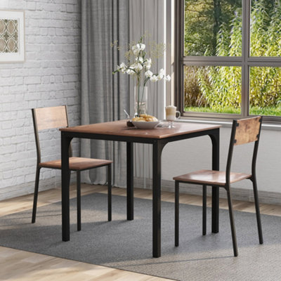 Dining Table and 2 Chairs Wooden Steel Frame Industrial Style Retro Kitchen Dining Table Set (Rustic Brown)
