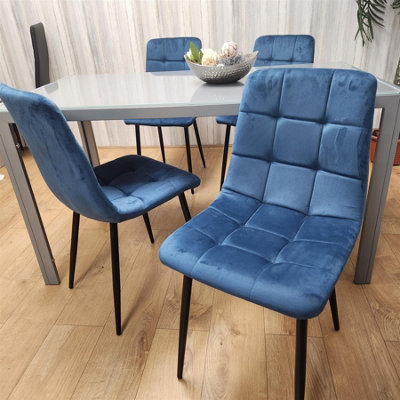 Dining Table and 4 Blue Velvet Chairs Grey Glass Table 4 Velvet Chairs Dining Room Furniture