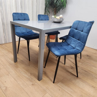 Dining Table and 4 Blue Velvet Chairs Grey Glass Table 4 Velvet Chairs Dining Room Furniture