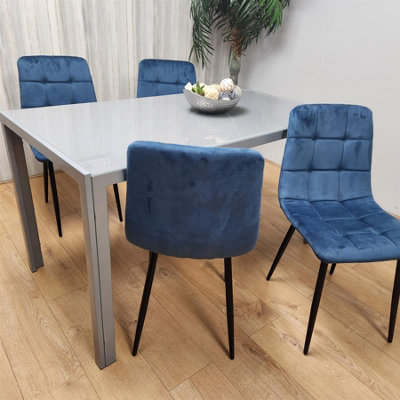 Dining Table and 4 Blue Velvet Chairs Grey Glass Table 4 Velvet Chairs Dining Room Furniture