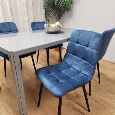Dining Table and 4 Blue Velvet Chairs Grey Glass Table 4 Velvet Chairs Dining Room Furniture