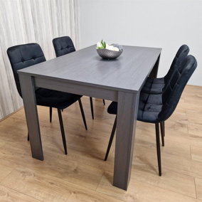 Dining Table and 4 Chairs  Black Dark Grey 4 Black Velvet Chairs Wood Dining Set Furniture