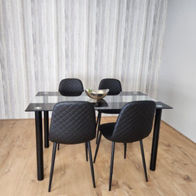 Dining Table and 4 Chairs Black Glass 4 Leather Black Chairs Dining Room Furniture