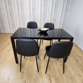 Dining Table and 4 Chairs Black Glass 4 Leather  Chairs  Dining Room Furniture