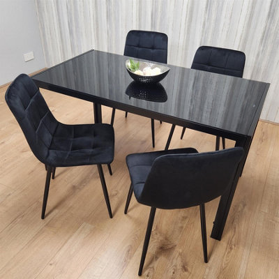 Dining Table and 4 Chairs Black Glass 4 Velvet Chairs  Dining Room Furniture