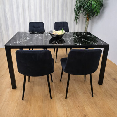 Dining Table and 4 Chairs Black Marble Effect Glass 4 Velvet Black Chairs Dining Room Furniture