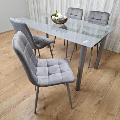 Dining Table and 4 Chairs Modern Grey Glass Table With 4 Grey Velvet ...