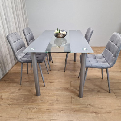 Dining Table and 4 Chairs Modern Grey Glass Table With 4 Grey Velvet ...