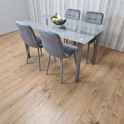 Dining Table and 4 Chairs Modern Grey Glass Table With 4 Grey Velvet ...