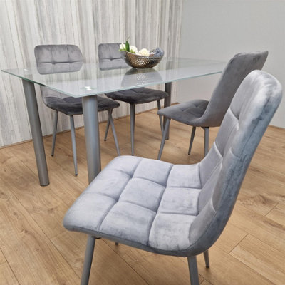 Dining Table and 4 Chairs Modern Grey Glass Table With 4 Grey Velvet ...